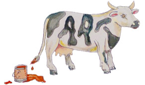 Painting of a cow with the word "ART" spelled out in its spots.