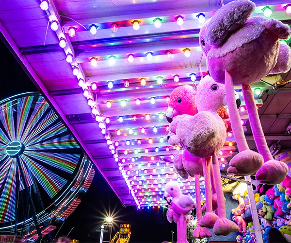Carnival game booth with stuffed prizes and a Ferris wheel