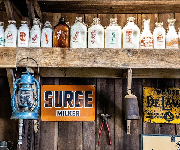 Vintage farm tools and milk bottles displayed at an exhibit